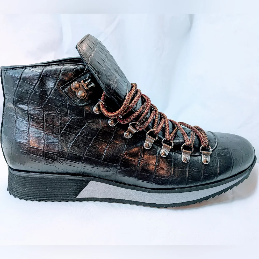 PRADA NEW Men's Black‎ Crocodile Pattern Hiking Boots, Size 43